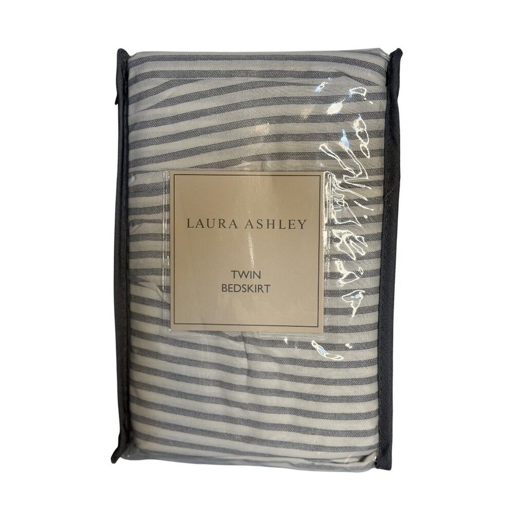 Laura Ashley Twin Bedskirt Gray White Stripe Cotton Farmhouse Dust Ruffle NIP